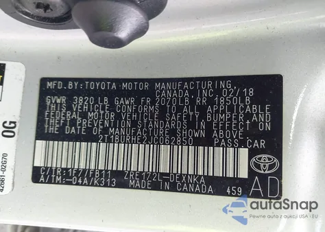 2018 Toyota Corolla L/Le/Xle/Se/Xse from USA, damaged, VIN 2T1BURHE2JC062850